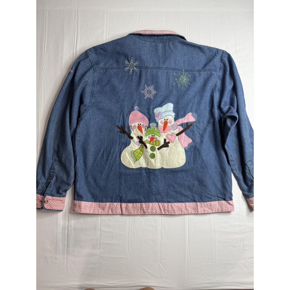 Lighthouse Apparel Women's Blue Denim Top Size L Embroidered Snowman Snowflake - Picture 6 of 11